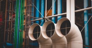 Close-up of vibrant colored pipes on the exterior of Centre Pompidou, Paris.